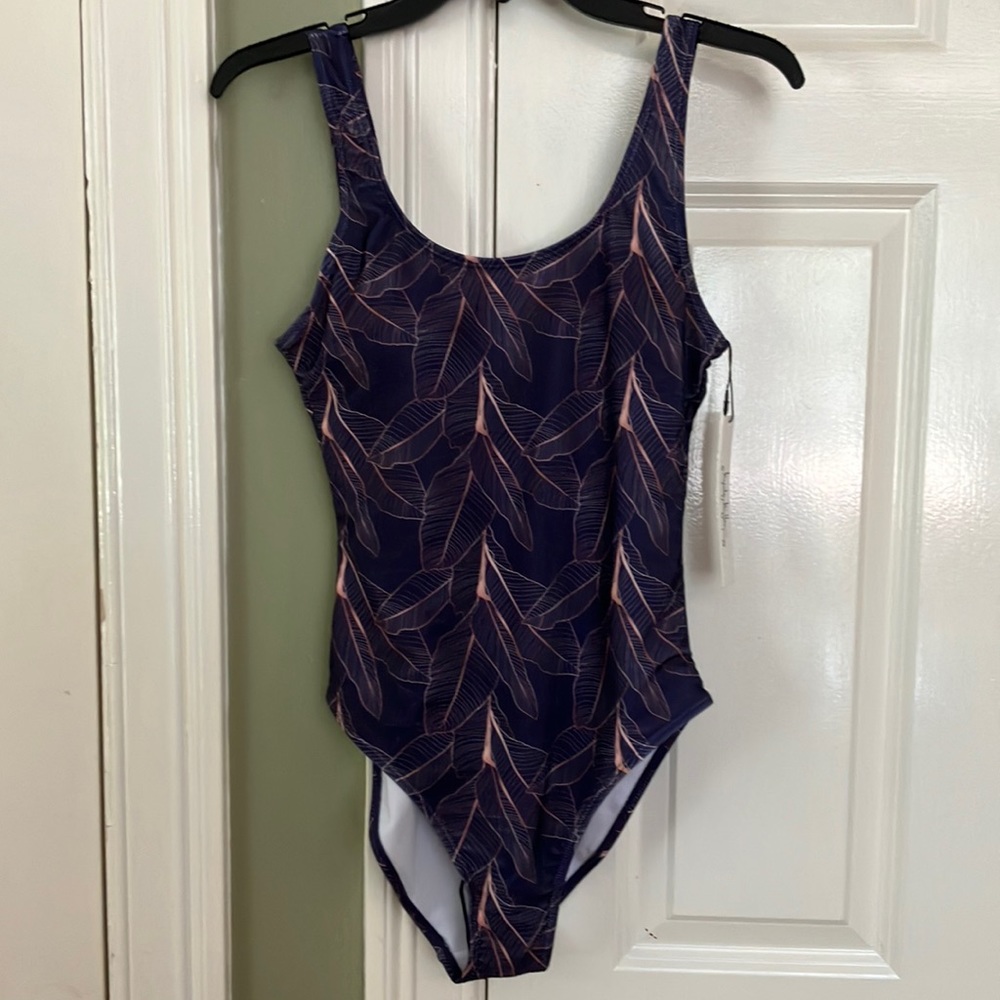 Scoop back one piece swimsuit blue leaf print size small Nicole Miller